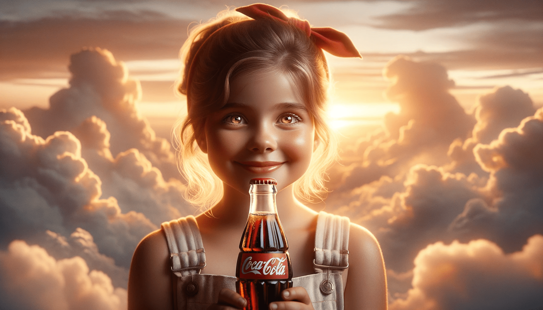 DALL·E 2023-10-25 02.51.02 - 4K ultra-detailed portrait with cinematic lighting of the young innocent girl from the third image, holding a vintage soda bottle, reminiscent of old