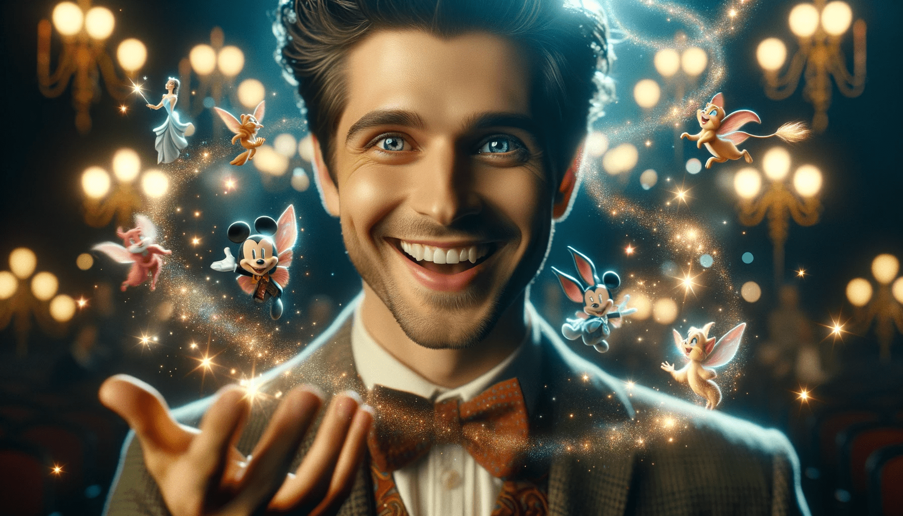 DALL·E 2023-10-25 04.25.05 - 4K ultra-detailed cinematic portrait of a joyful magician surrounded by a world of enchantment. His eyes twinkle with delight, and his smile is genuin