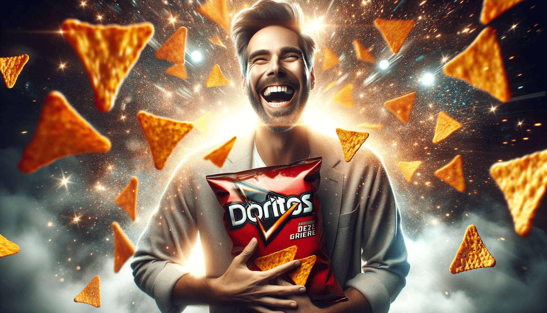 DALL·E 2023-10-25 05.57.37 - 4K detailed portrayal of a joyful man, gleefully holding a bag of Doritos. Amidst the cinematic lighting, a dazzling display of sparkles and dust swir