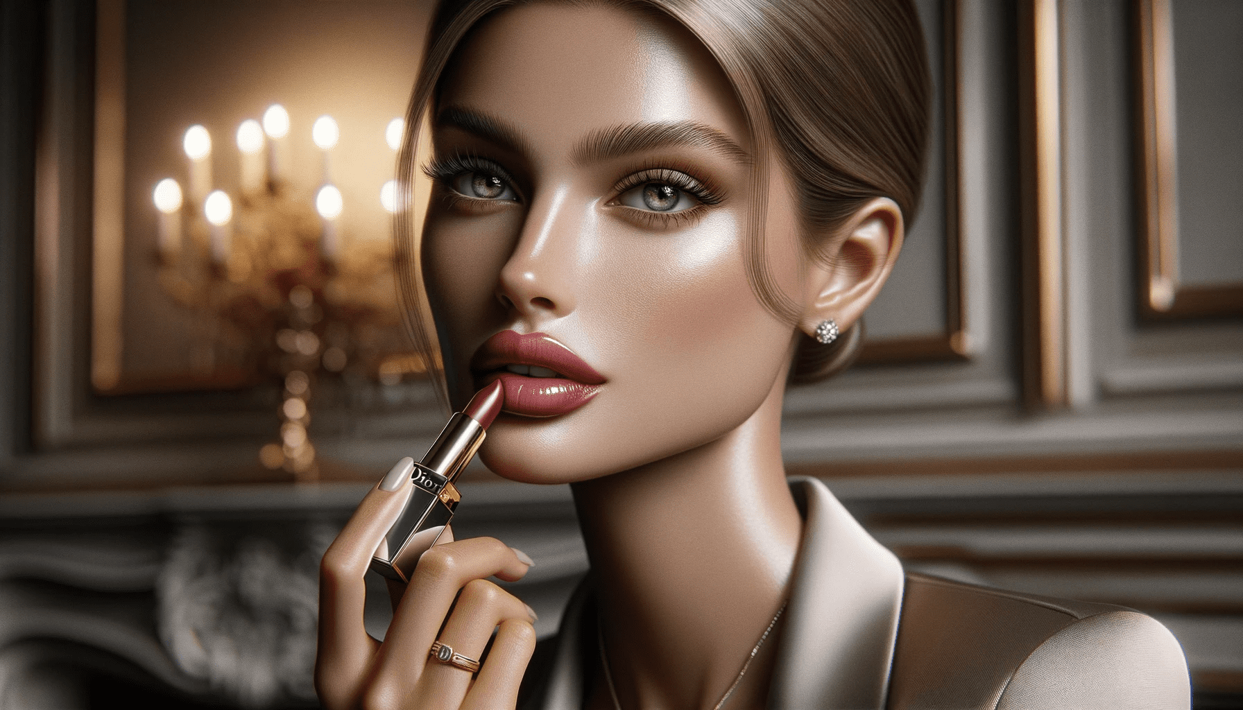 DALL·E 2023-10-26 15.04.14 - 4K ultra-detailed, realistic portrait of a luxurious and elegant woman painting her lips with a Dior lipstick. Her features radiate sophistication, wi